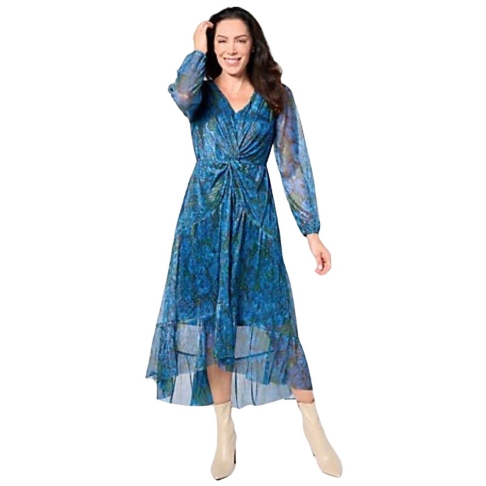 Isaac Mizrahi Teal Patterned Midi Dress